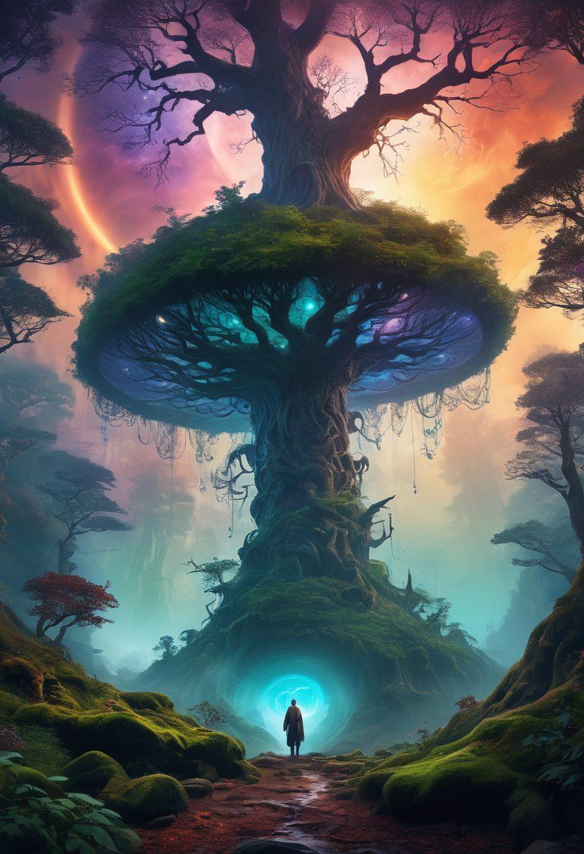 A mystical landscape depicting a vast, ancient forest intertwined with a swirling, glowing sorcerer's vortex, representing the depth of narrative strategies. Include ethereal creatures and runes floating in the air, highlighting the themes of sagas and sorcery. The foreground should feature a wise, old storyteller surrounded by eager listeners, immersed in a fantastical world. Enchanting colors with an air of mystery. super-realistic. vibrant colors. mystical atmosphere.