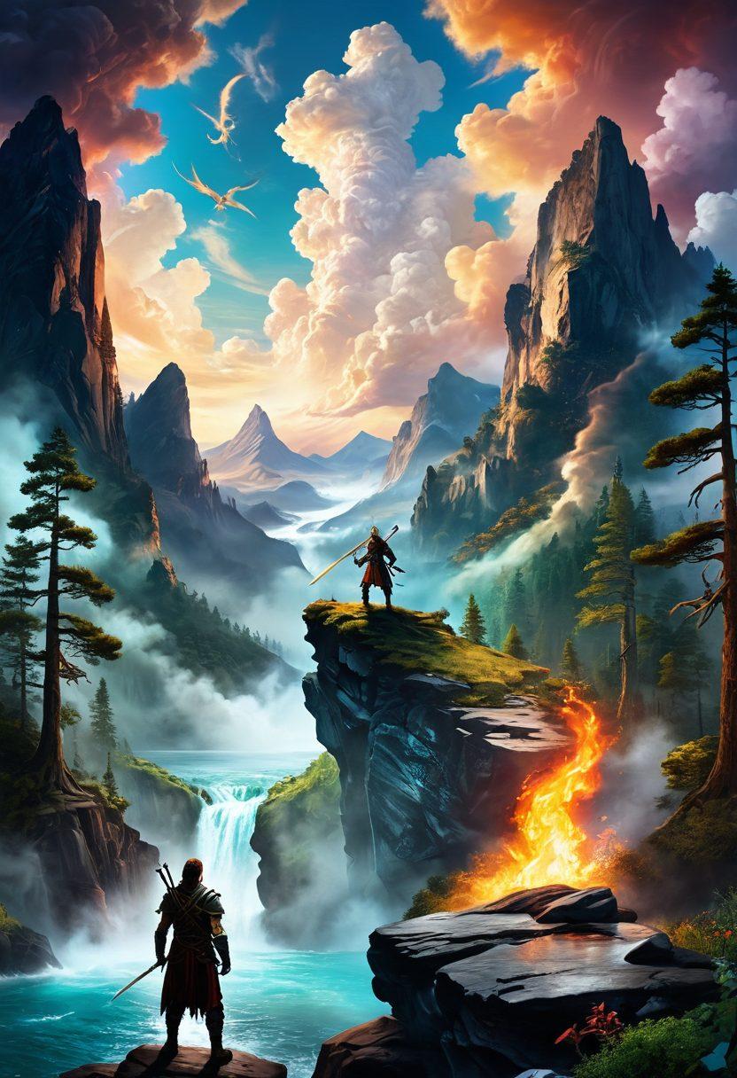 A dramatic landscape depicting a mythical world, showcasing the four elements - fire, water, earth, and air - blending together in harmony. In the foreground, a courageous warrior with a sword stands confidently, gazing over a breathtaking vista filled with enchanted forests, towering mountains, and swirling clouds. Ethereal creatures can be seen in the background, hinting at an adventurous journey. The color palette should be vibrant and captivating, drawing the reader into the fantasy realm. super-realistic. vibrant colors. magical atmosphere.